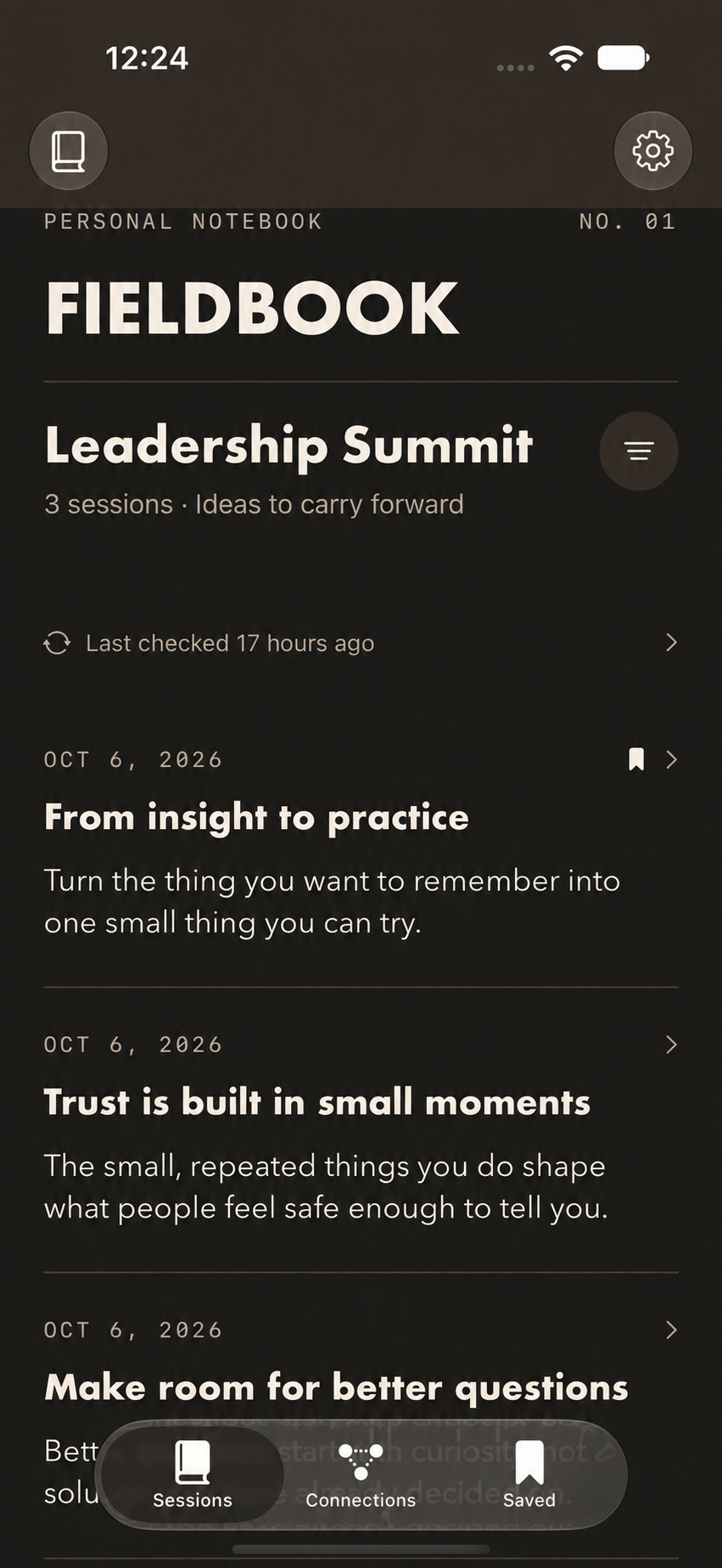 Fieldbook for iPhone in dark mode: a Leadership Summit notebook with three sessions and native Sessions, Connections and Saved controls.